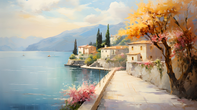 海边风景油画细腻笔触图片