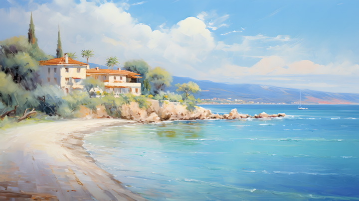 海边风景油画迷人海滩版权图片下载