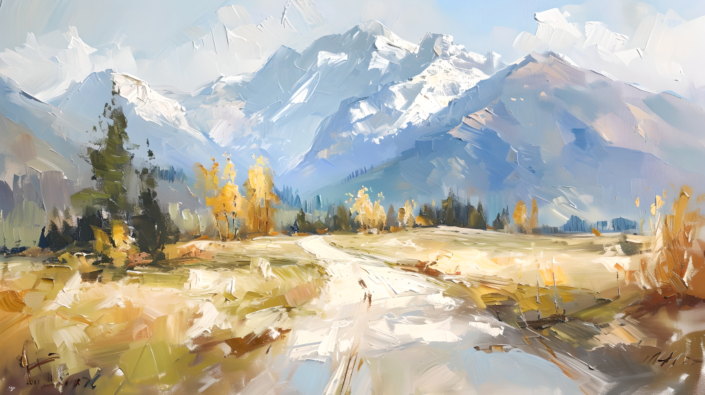 风景油画远山美景版权图片下载