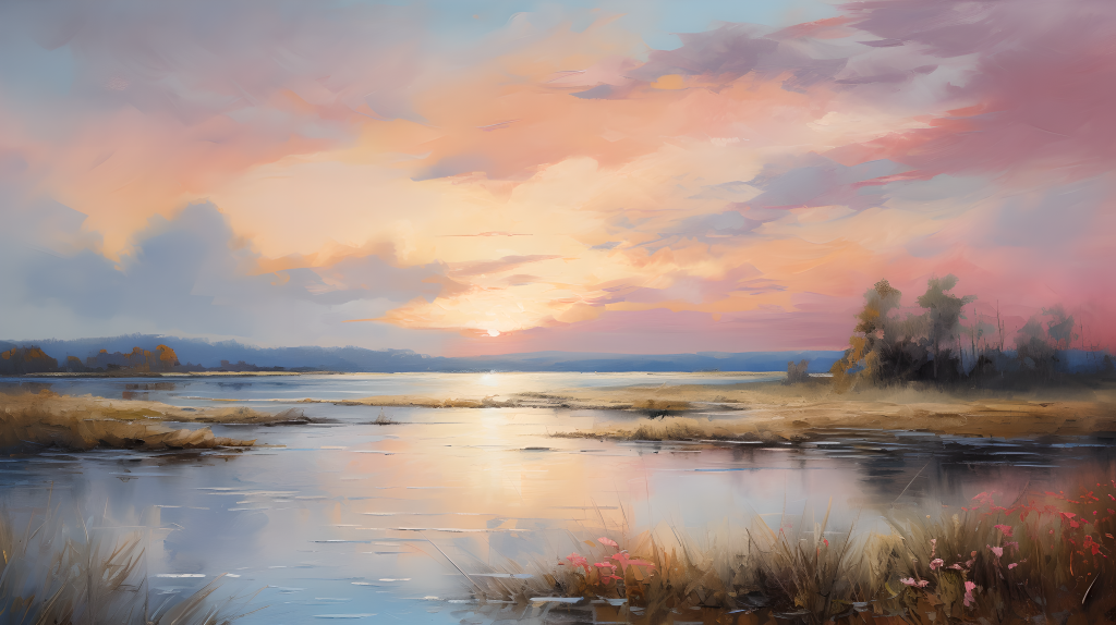 风景油画唯美夕阳图片