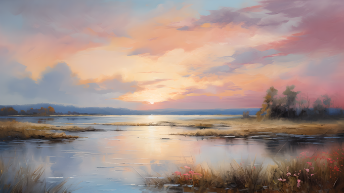 风景油画唯美夕阳图片