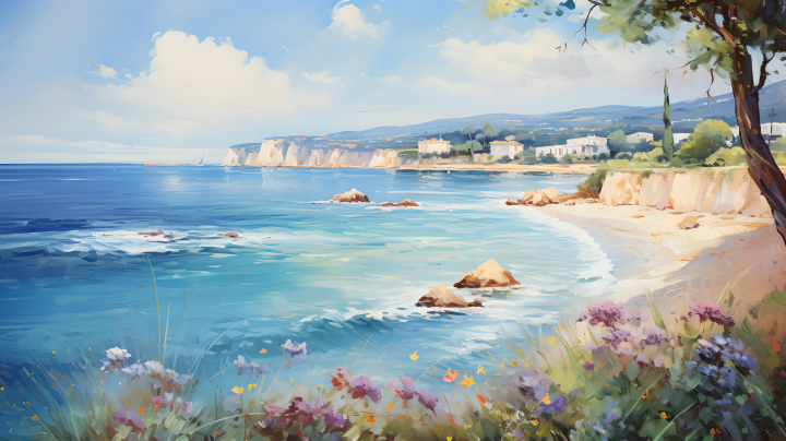 海边风景油画唯美海浪版权图片下载