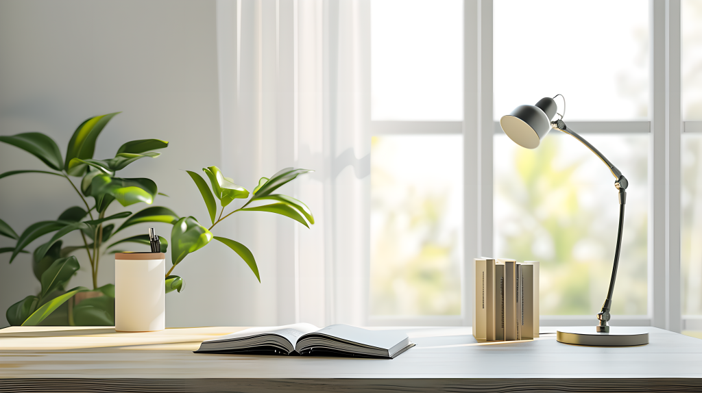 极简书桌白色窗帘版权图片下载