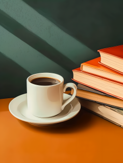 书本咖啡橙色学习桌图片