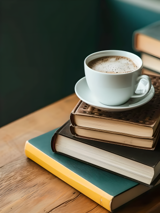 书本咖啡棕色书桌图片