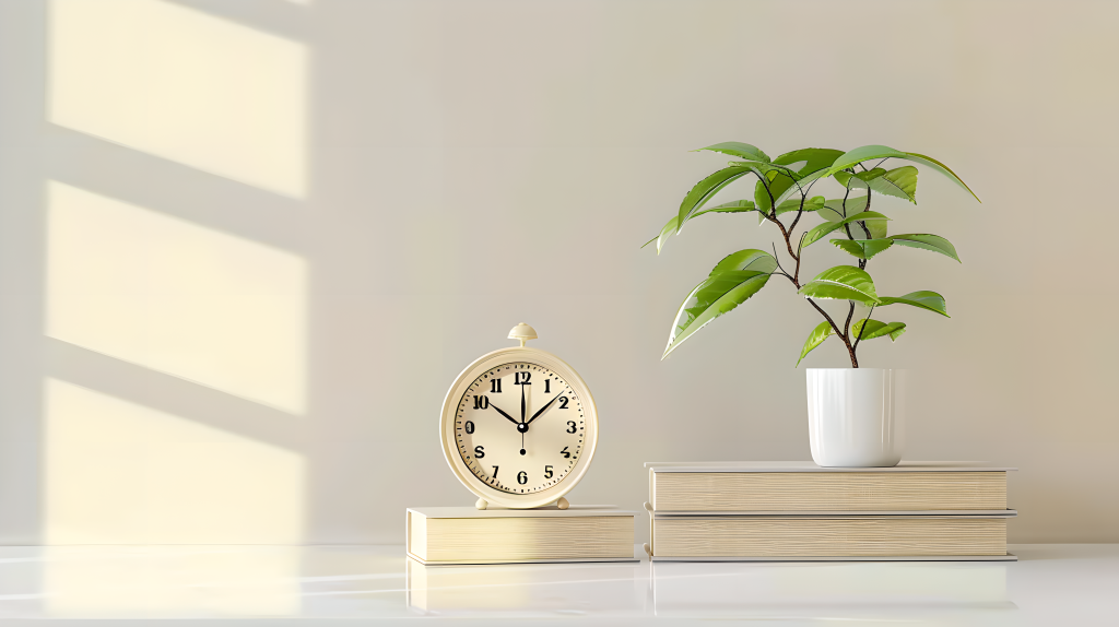 书本绿植简约闹钟图片