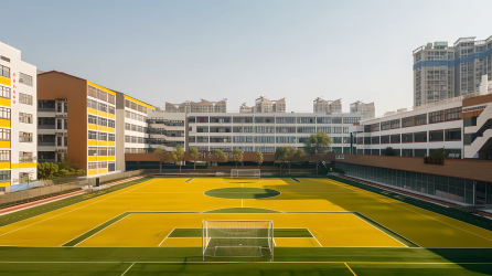 学校教学楼和足球场图片