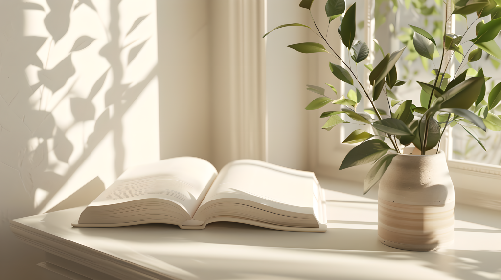书本绿植白色飘窗图片
