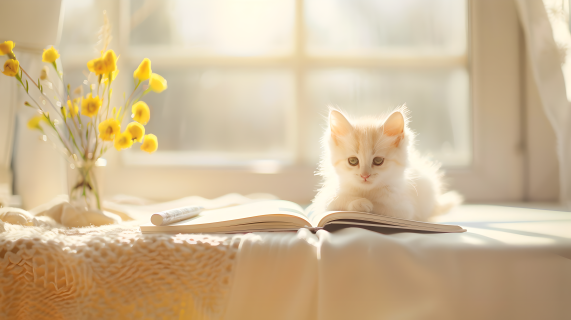 翻开的书本和小猫咪图片