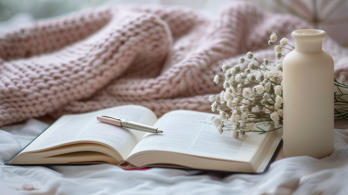 翻开的书本粉色围巾图片