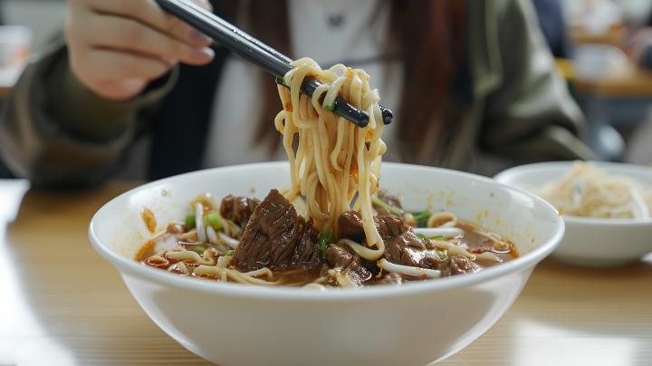 学生用餐美味牛肉面版权图片下载