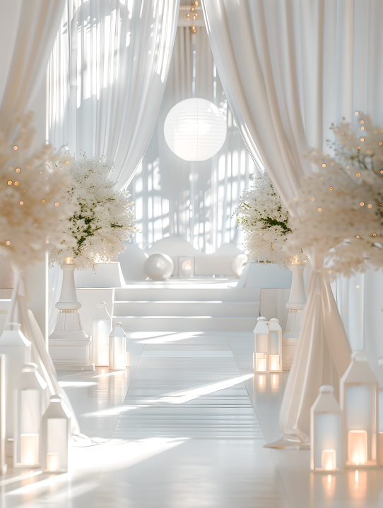 订婚婚礼布置白色纱帘版权图片下载