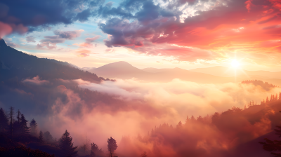 朝阳和山间浓雾图片