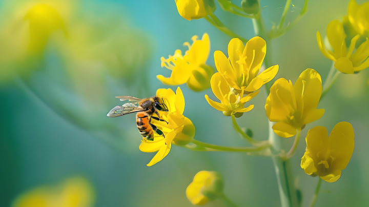 蜜蜂停在黄色油菜花上版权图片下载