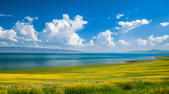 油菜花田湖光山色图片