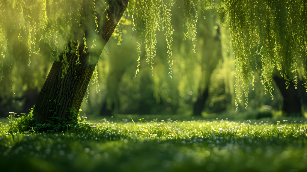 春天柳树绿草地版权图片下载