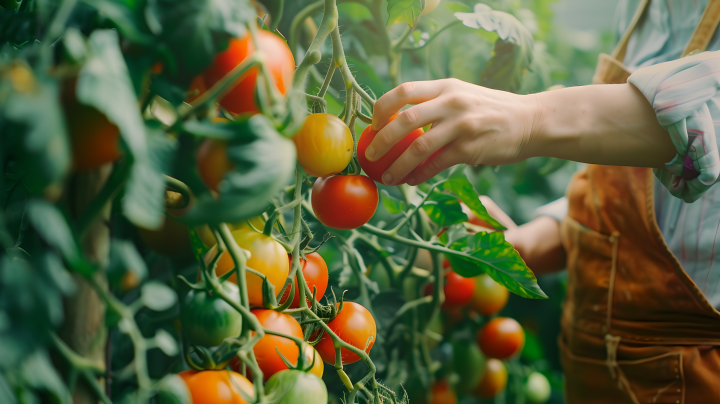 农民温室采摘番茄版权图片下载