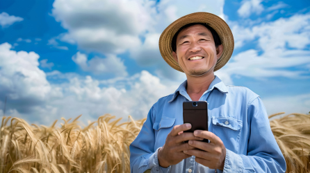 农民拿手机在麦田边微笑图片