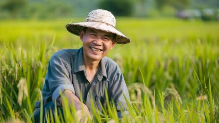 绿色稻田旁微笑的农民图片