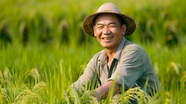 农民看着丰收的稻田微笑版权图片下载