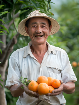 农民手捧桃子微笑图片