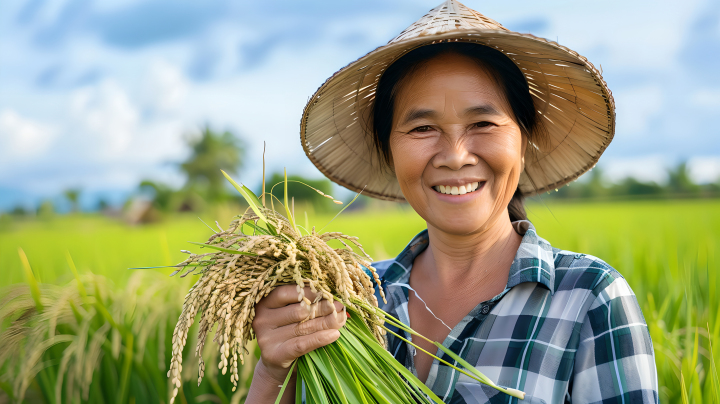 农民妇女手持水稻版权图片下载