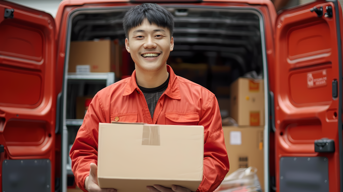 快递员红色快递车图片