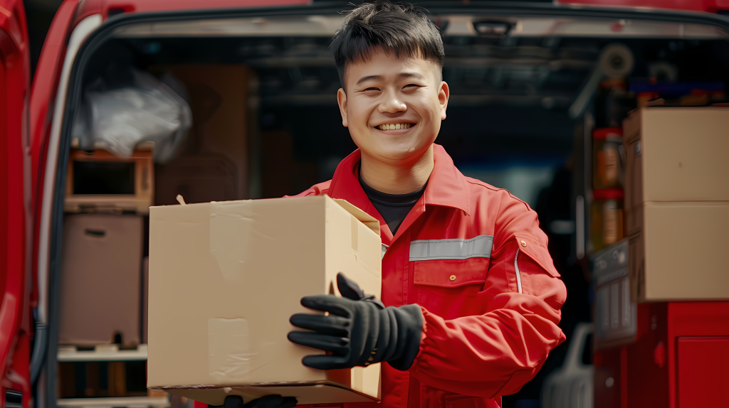 快递员送货上门图片