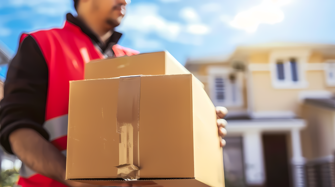 红马甲快递员手拿快递图片