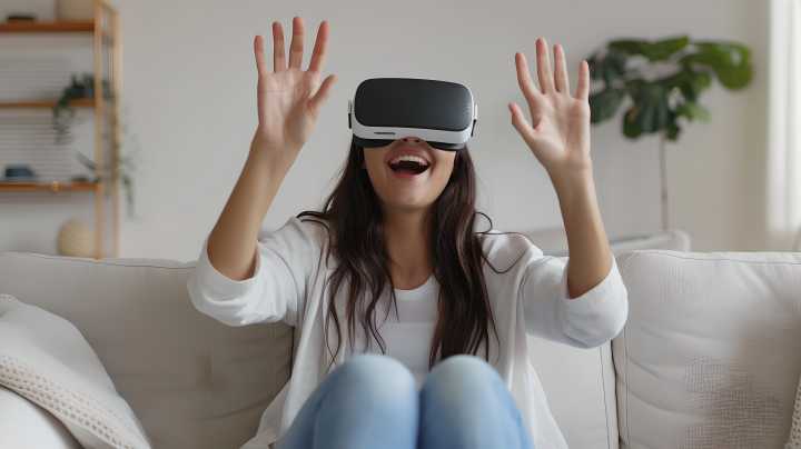 佩戴VR眼镜的女生版权图片下载