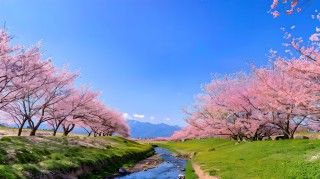 樱花树和绿草地图片