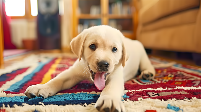 拉布拉多犬趴在地毯上图片