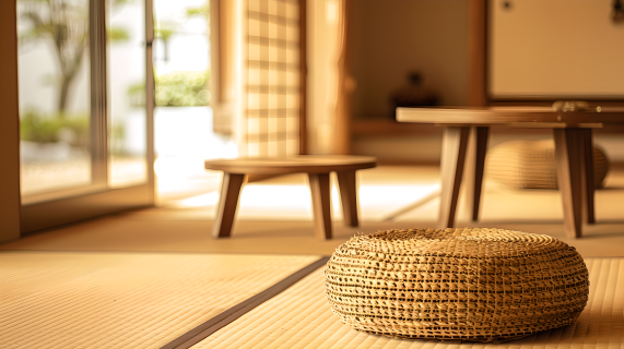 榻榻米和竹编坐垫图片