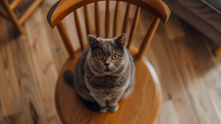 圆木椅上的胖猫图片