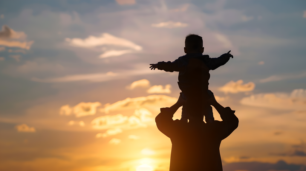 父子夕阳剪影图片