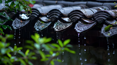 梅雨时节古建筑屋檐图片