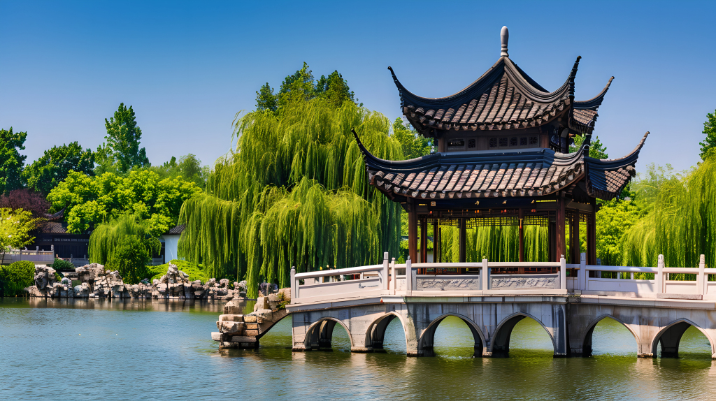 湖畔中式凉亭版权图片下载