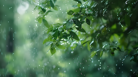 梅雨雨滴洒在树叶上图片