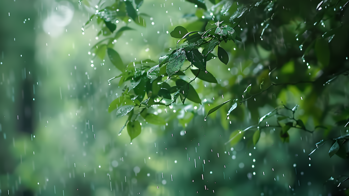梅雨雨滴洒在树叶上版权图片下载