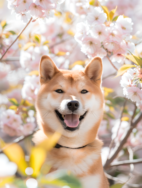 樱花从中的柴犬版权图片下载