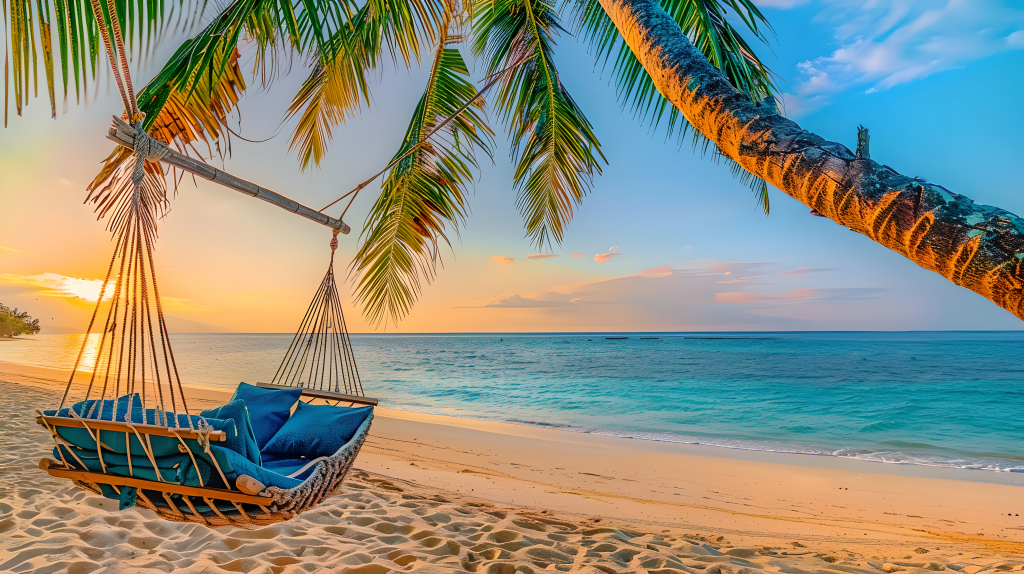 海边旅游木质吊床版权图片下载