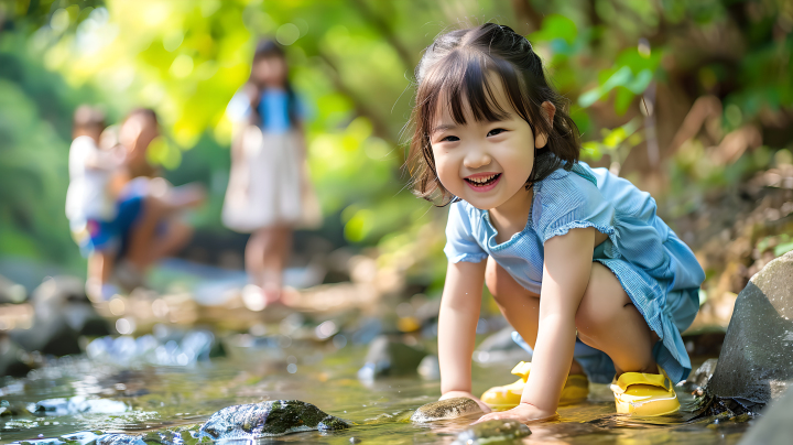 小学生旅行清澈溪流版权图片下载