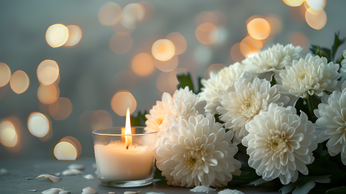 白菊花放在桌子上图片