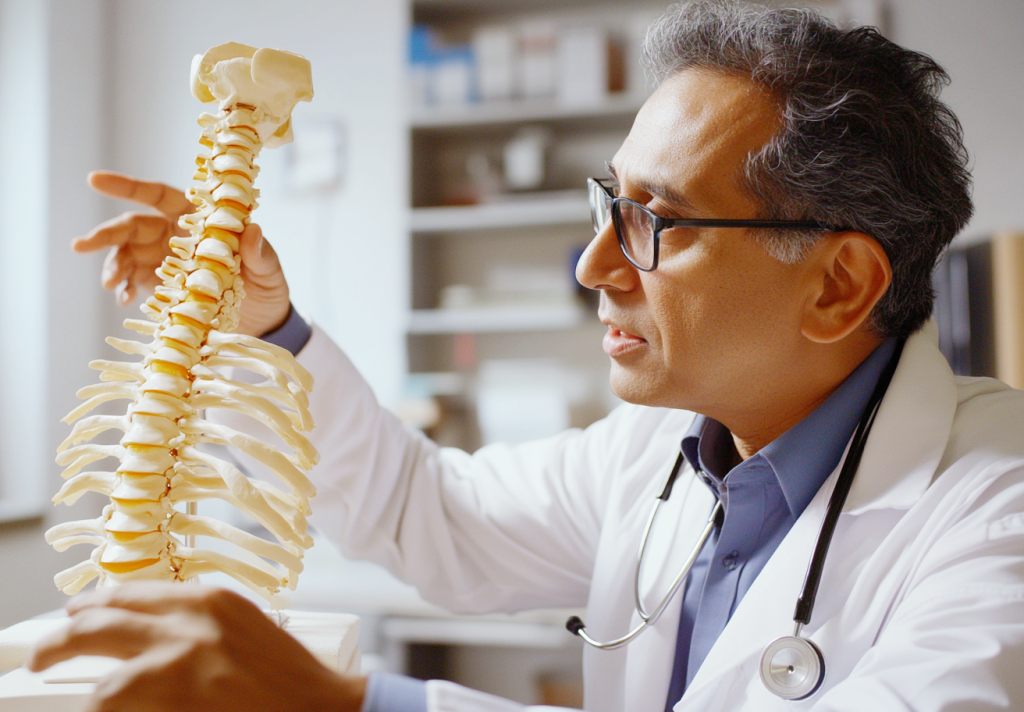 骨科医生和脊柱模型版权图片下载