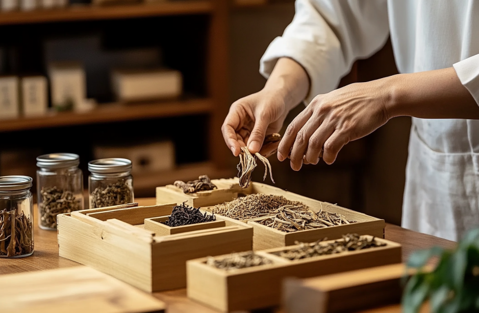 木盒中的中药材图片