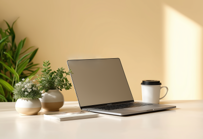 笔记本电脑咖啡杯摄影图