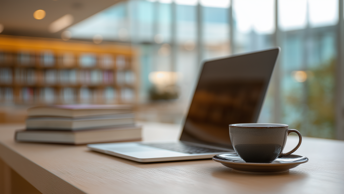 图书馆桌上的笔记本电脑图片