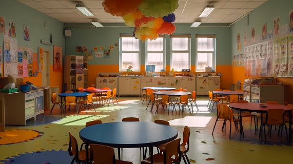 彩色装饰的幼儿园教室小圆桌图片