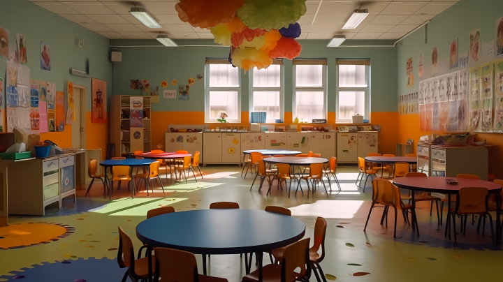 彩色装饰的幼儿园教室小圆桌版权图片下载