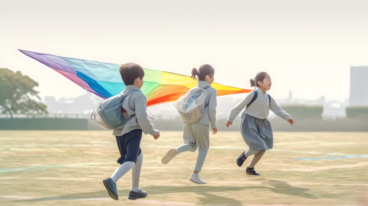 三个放风筝的孩童高清图版权图片下载